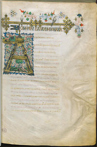 <p>Firenze, Biblioteca Medicea Laurenziana, Plut. 32.01 (Omero,&nbsp;<em>Batracomiomachia&nbsp;e&nbsp;Iliade&nbsp;vergate da Teodoro Gaza</em>), f. 1r&nbsp;: iniziale miniata con nome del Filelfo in greco entro un cartiglio.</p>